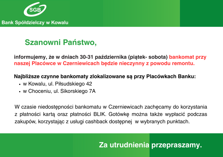 Bankomat  w Czerniewicach będzie nieczynny z powodu remontu.